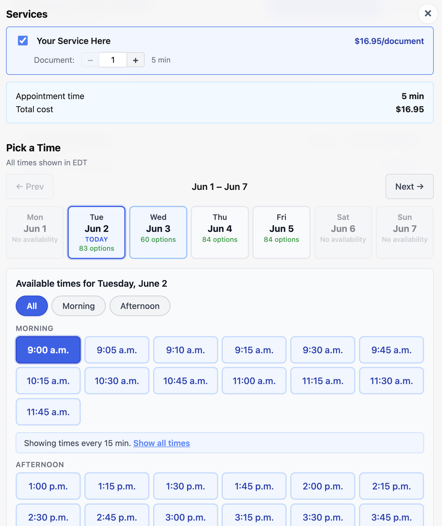 CaseVisit booking screen: choose a service and pick an available time slot